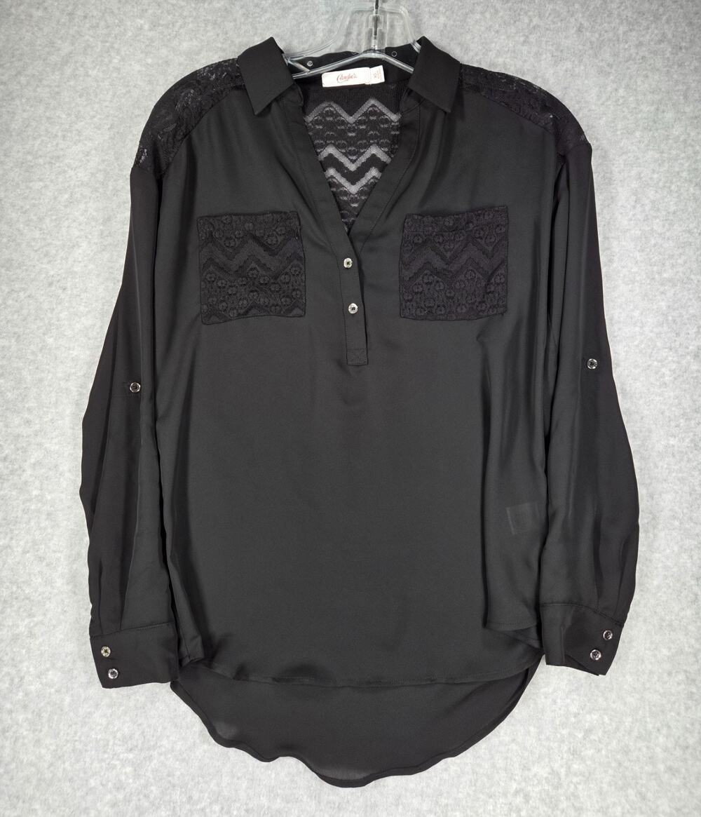 Candie's Black Lace Accent Blouse Womens XS Roll Tab Sleeve cozy gothic witchy